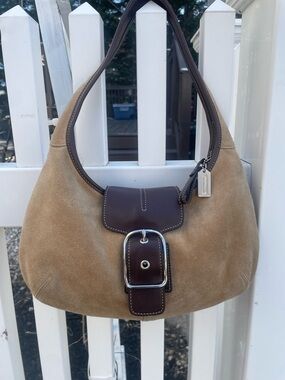 Coach vintage Suede Shoulder Bag with Dark Brown Leather Trim